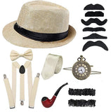 1920s Mens Gatsby Gangster Accessories Set Panama Hat Suspender Bow Tie 20s Great Gatsby Accessories