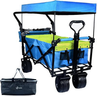 Collapsible Wagon Heavy Duty Folding Wagon Cart with Removable Canopy, 4" Wide Large All Terrain Wheels, Brake,