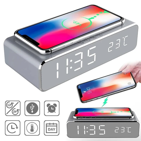 Wireless Charger Alarm Clock with LED Display and Fast Charging Dock for iPhone Samsung