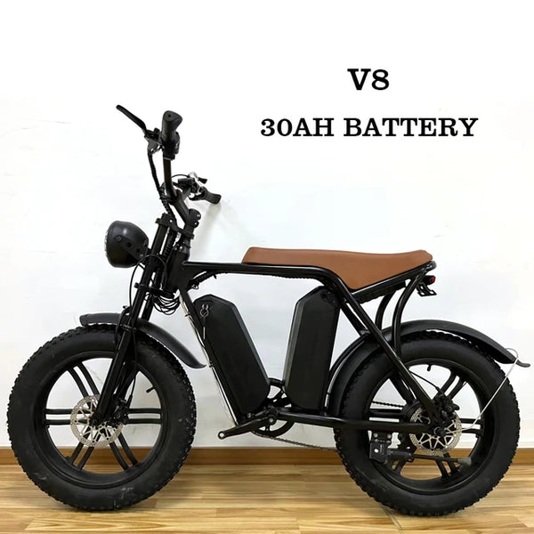 V8 Electric Bicycle 20 Inch Fat Tire Moped Bike 750W Motor 48V 30AH Lithium Dual Battery Mountain Off-road eBike Longer Distance