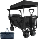 Collapsible Wagon Heavy Duty Folding Wagon Cart with Removable Canopy, 4" Wide Large All Terrain Wheels, Brake,