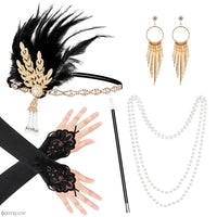 1920s Women Vintage Flapper Gatsby Costume Accessories Set 20s Headband Pearl Necklace Gloves Cigarette Holder Anime Earring Set