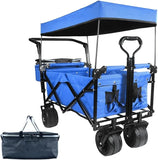 Collapsible Wagon Heavy Duty Folding Wagon Cart with Removable Canopy, 4" Wide Large All Terrain Wheels, Brake,