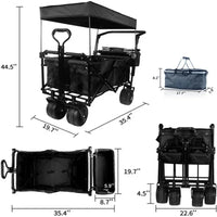 Collapsible Wagon Heavy Duty Folding Wagon Cart with Removable Canopy, 4" Wide Large All Terrain Wheels, Brake,