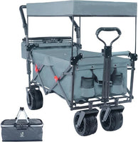 Collapsible Wagon Heavy Duty Folding Wagon Cart with Removable Canopy, 4" Wide Large All Terrain Wheels, Brake,