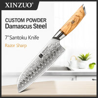 XINZUO 1-8pcs Kitchen Knife Set 73 Layers Custom Damascus Steel 15°±1 Per Side Steel Blade with Olive Wood Handle