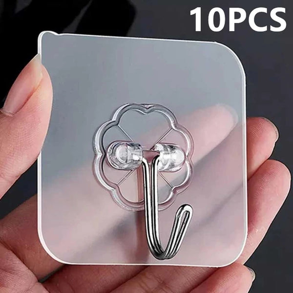 10PCS Transparent Stainless Steel Adhesive Hooks - Key Storage Hanger, Multi-Function