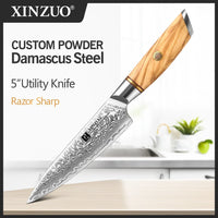 XINZUO 1-8pcs Kitchen Knife Set 73 Layers Custom Damascus Steel 15°±1 Per Side Steel Blade with Olive Wood Handle