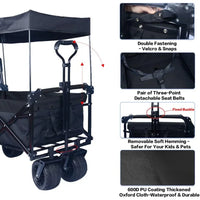 Collapsible Wagon Heavy Duty Folding Wagon Cart with Removable Canopy, 4" Wide Large All Terrain Wheels, Brake,