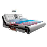 Genuine Leather Bed Multifunctional Beds Ultimate Massage Camas with Bluetooth,Speaker,Safe,Air Cleaner, Projector,Drawers