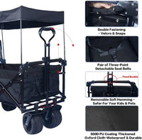 Collapsible Wagon Heavy Duty Folding Wagon Cart with Removable Canopy, 4" Wide Large All Terrain Wheels, Brake,