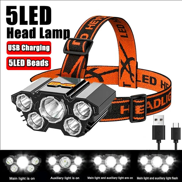 Super Bright 5 LED Head Flashlight USB Rechargeable HeadLamp Outdoor Powerful Waterproof Camping Fishing Adventure Head Lantern