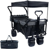 Collapsible Wagon Heavy Duty Folding Wagon Cart with Removable Canopy, 4" Wide Large All Terrain Wheels, Brake,