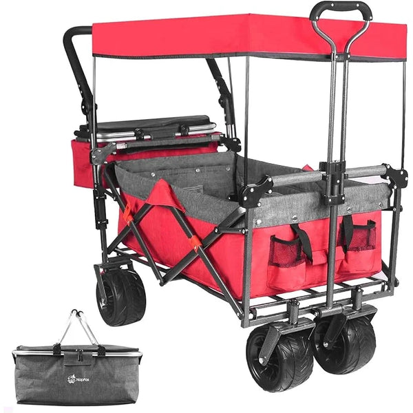 Collapsible Wagon Heavy Duty Folding Wagon Cart with Removable Canopy, 4" Wide Large All Terrain Wheels, Brake,