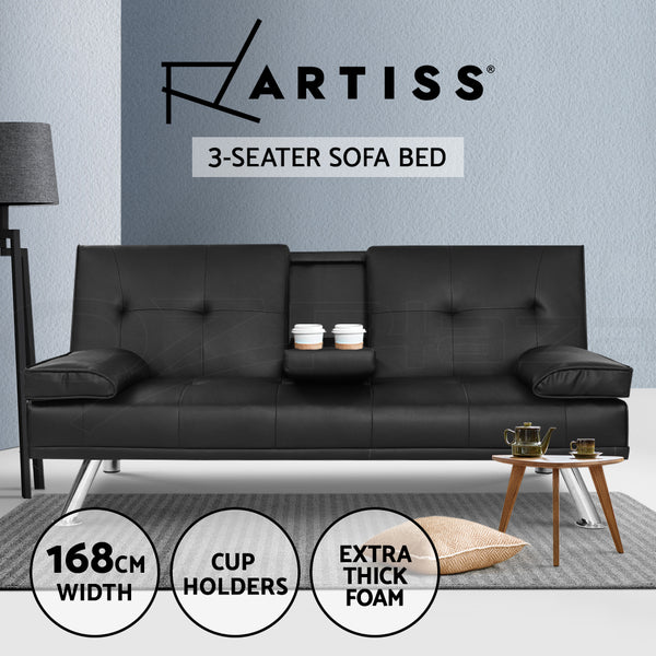 Artiss Sofa Bed Lounge Futon Couch Beds 3 Seater Leather Fabric Cup Holder