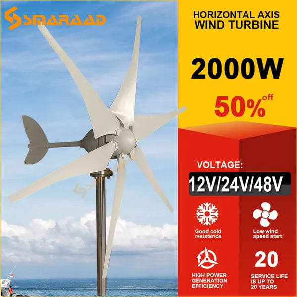 High Power New Energy Wind Generator 2000W Horizontal Turbine Motor Household Windmill, With MPPT Controller, Free energy Jack's Clearance