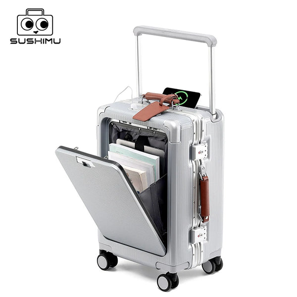 SUSHIMU Wide Trolley Luggage Front Opening Multi-Functional Women 20-Inch Small Lightweight Boarding Box 24-Inch Men's Suitcase