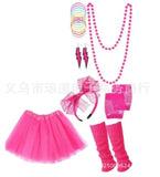 Retro Women's 80s Fancy Dress Accessories Set - Tutu Skirt, Neon Fishnet Gloves, Beaded Jewelry