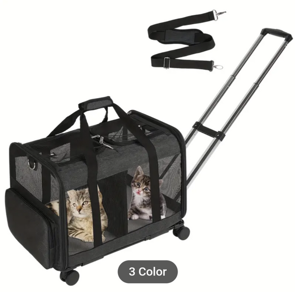 Double-Compartment Pet Rolling Carrier Cat Dog Rolling Carrier with Detachable Wheels Telescopic Handle Adjustable Shoulder Strap