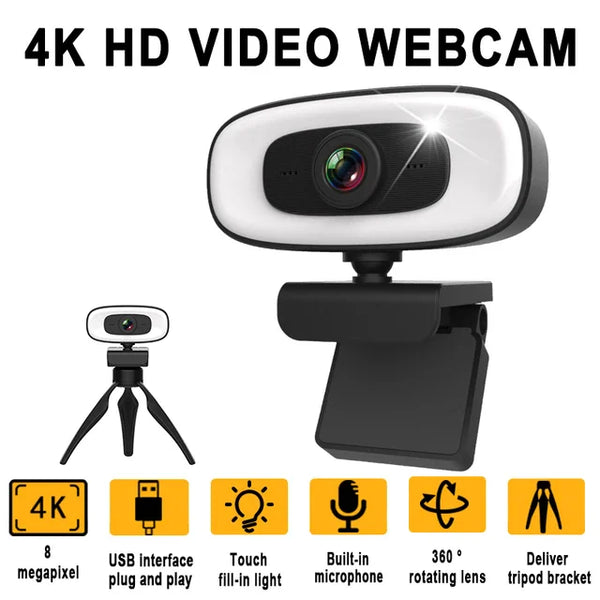 Mini 4K Webcam - USB Computer 2K Webcam - For PC Laptops - Live Streaming Full HD 1080P Web Camera - Work With Microphone Tripod