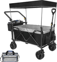 Collapsible Wagon Heavy Duty Folding Wagon Cart with Removable Canopy, 4" Wide Large All Terrain Wheels, Brake,