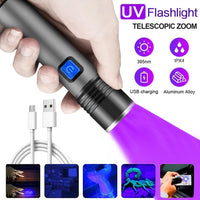 395nm UV Flashlight Blacklight Zoomable USB Rechargeable UV Light Ultraviolet Flashlight for Pet Urine Detection Resin Curing