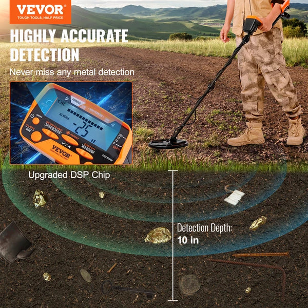 VEVOR Metal Detector for Adults & Kids 10Inch Waterproof Search Coil with LCD Display 7 Modes Adjustable 41''-52'' Aluminum Stem