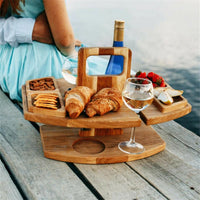 Wooden Folding Picnic Table With Glass Holder Round Foldable Desk Wine Glass Rack Collapsible Table Snack Tray Outdoor Tables