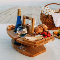 Wooden Folding Picnic Table With Glass Holder Round Foldable Desk Wine Glass Rack Collapsible Table Snack Tray Outdoor Tables