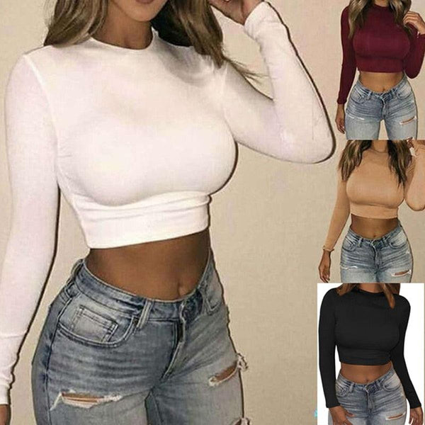 Women Long Sleeve O-neck Crop Top Jack's Clearance